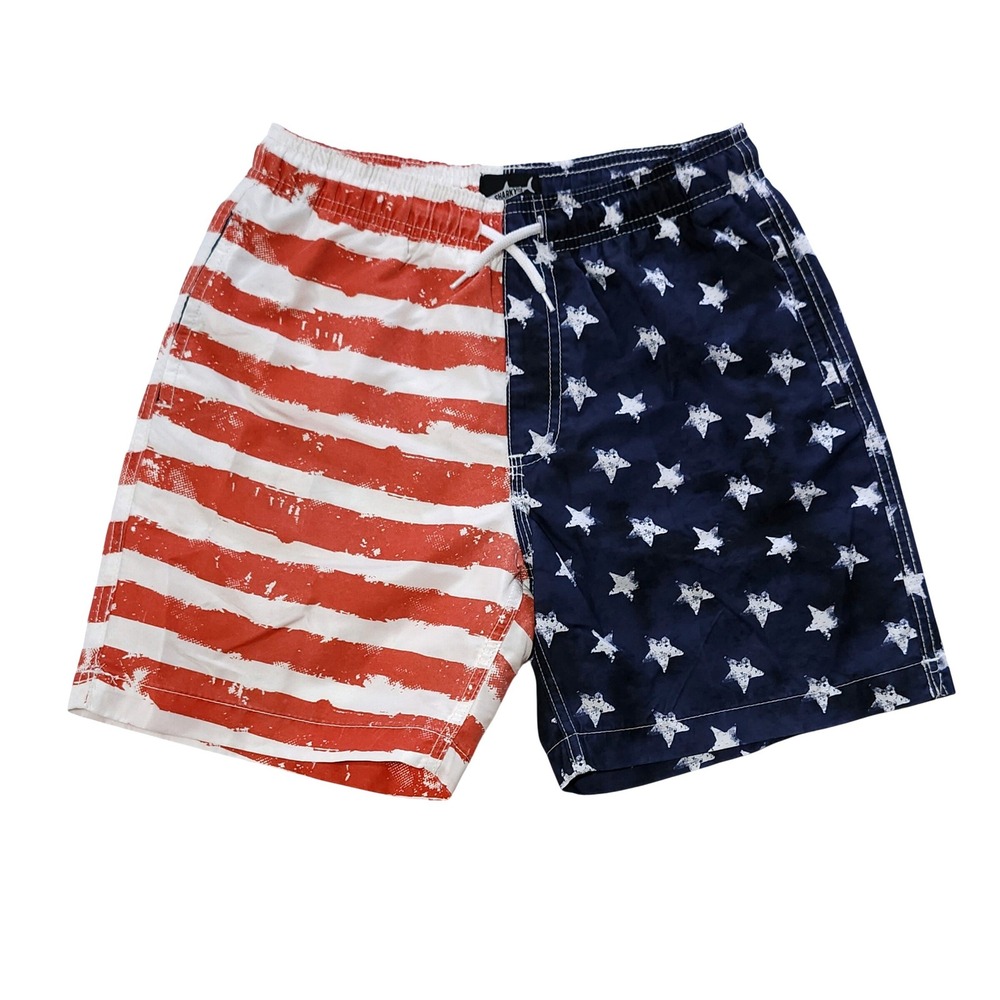 Sharky American Flag Swim Trunks Youth Boys 12 Stars Stripes Lined Board Shorts